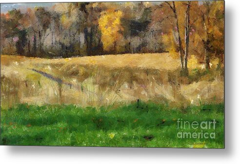 Pasture Field Expanse Grassland Autumn Path Meadow Trail Walk Morning Light Metal Print featuring the painting Morning Glow by Vilas Malankar