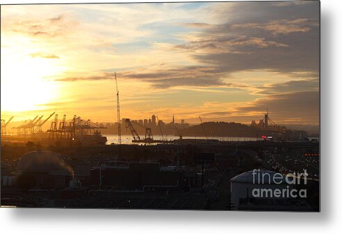 Long Size Metal Print featuring the photograph Sunset Over San Francisco Skyline Through The Port of Oakland . 7D11029 by Wingsdomain Art and Photography