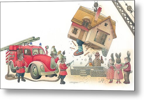 Fireman Rabbit Event Accident Red Metal Print featuring the painting Rabbit Marcus the Great 15 by Kestutis Kasparavicius