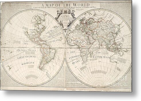 Map Metal Print featuring the painting A Map of the World by John Senex Map Metal Print featuring the painting A Map of the World by John Senex