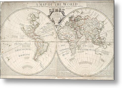 Maptheworldcorrectedfromtheobservationscommunicatedtheroyalsocietieslondonandparistherighthonourablerichardboyle1711colourengravingsenex; John (1678-1740) And Maxwell; John (fl.1710-c.1724)mappingcartographygeographygeographicalpacific Oceanatlanticgreat South Seaeasternwesternethiopiaamericaafricasouthnorthasianew Hollanddouble Hemispheretwo Hemispheresscientificmapscelestialterrestrialpasthistoryhistoricalantiquevintageretroold Fashionedold Metal Print featuring the painting A Map of the World by John Senex