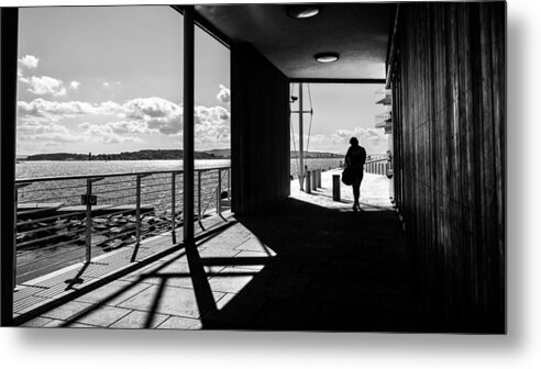 Black Metal Print featuring the photograph A sunny day - Oslo, Norway - Black and white street photography by Giuseppe Milo