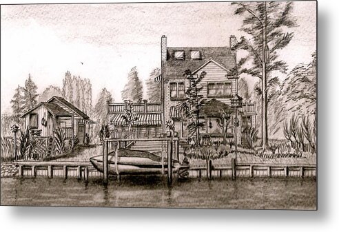 House Metal Print featuring the drawing At Home on the River by Vic Delnore