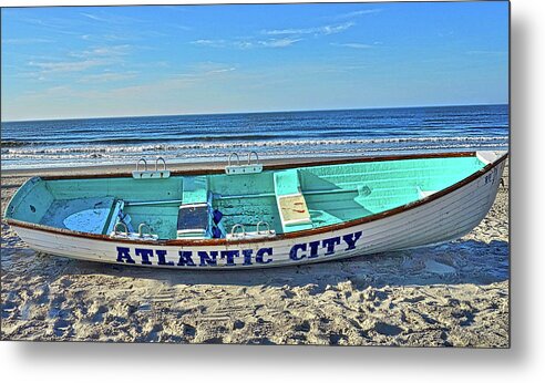 Atlantic City New Jersey Lifeguard Rescue Rowboat Metal Print featuring the photograph Atlantic City Rowboat by Joan Reese