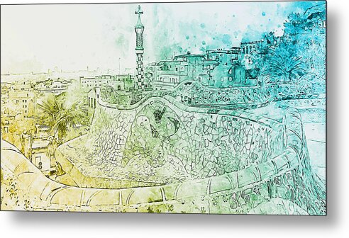 Barcelona Parc Guell Metal Print featuring the painting Barcelona, Parc Guell - 09 by AM FineArtPrints