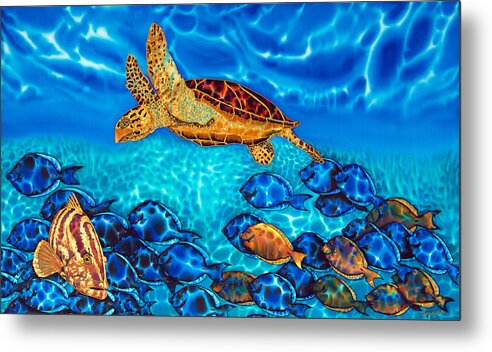 Turtle Metal Print featuring the painting Caribbean Sea Turtle and Reef Fish by Daniel Jean-Baptiste