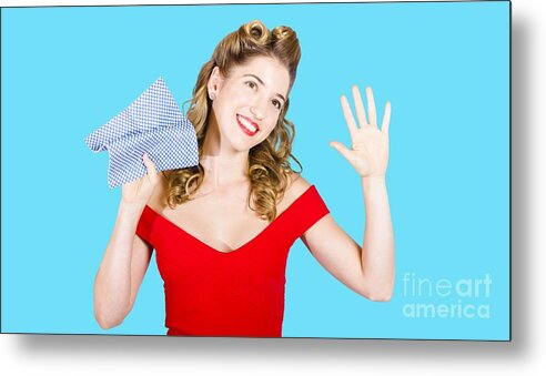 Wash Metal Print featuring the photograph Cleaning pin up maid holding washer rag on white by Jorgo Photography