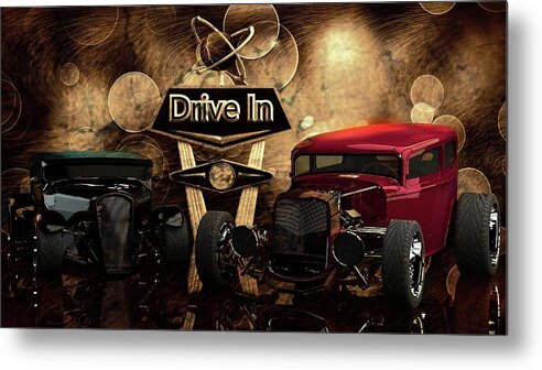 Antique Cars # Collector Cars # Black And White # Ford Hot Rod # Chevy # Drive In # 3d Render # Classic Hot Rod # Custom Hot Rods # Chopped Top # Old School Metal Print featuring the photograph Drive In by Louis Ferreira
