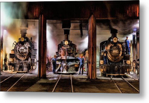 Durango And Silverton Railroad Metal Print featuring the painting Durango Silverton Steam Train Roundhouse by Christopher Arndt