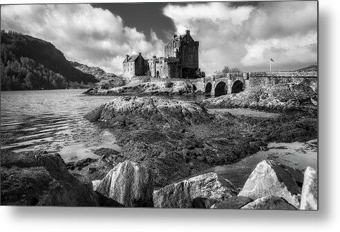 Eilean Donan Metal Print featuring the photograph Eilean Donan Castle in black and white by Holly Ross