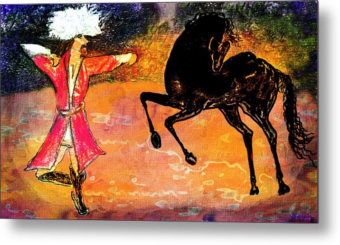 Man Dancing With Horse Metal Print featuring the painting Firat and Shishan Dance I by Anastasia Savage Ealy