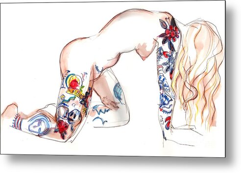 Erotic Art Metal Print featuring the mixed media Forever Amber - tattoed nude by Carolyn Weltman