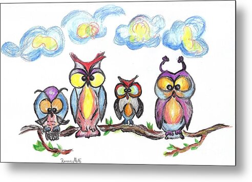 Funny Birds Metal Print featuring the drawing Four Friends by Ramona Matei