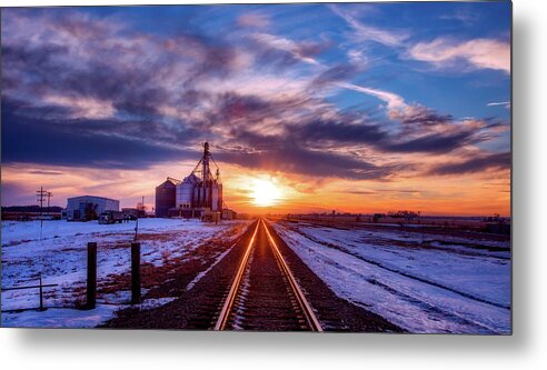 Sunset Metal Print featuring the photograph Grain Elevator And Rail Line At Sunset by Mountain Dreams