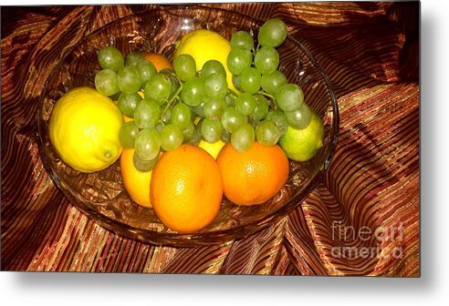 Mandarins Metal Print featuring the photograph Grapes, Lemons, Mandarins and Lime by Oksana Semenchenko