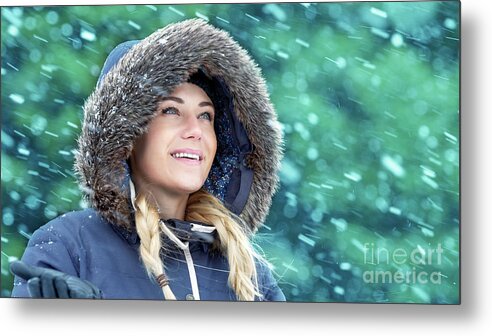 Adult Metal Print featuring the photograph Happy woman in winter park by Anna Om