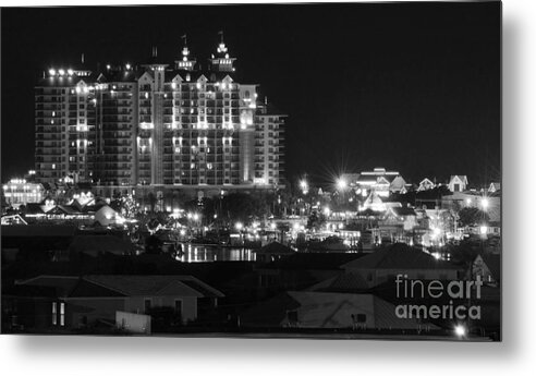 Destin Metal Print featuring the photograph Lights of Destin Florida Entertainment District at Night Black and White by Shawn O'Brien