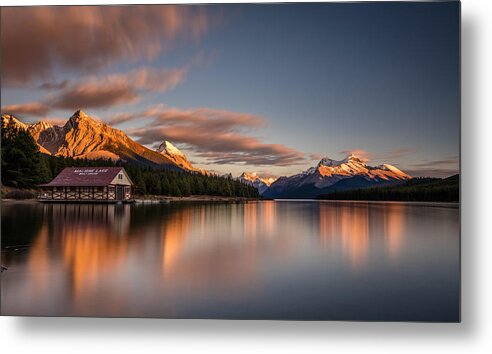 Long Exposure Metal Print featuring the photograph Maligne Lake Sunrise by Pierre Leclerc Photography