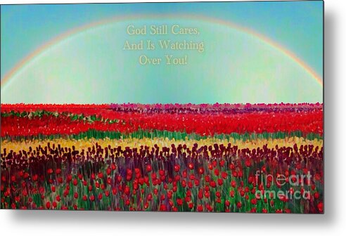 Field Of Bright Tulips Hot And Light Pink Fire Engine Or Candy Red Yellow And Deep Purple Cover The Expanse Of The Field As Far As The Eye Can See With A Bright Rainbow Coming Up Over The Horizon Inspirational With Spiritual Message Acrylic Painting And My Photograph Of A Double Rainbow Metal Print featuring the mixed media Message from the Other Side with a Bit of Christmas Color Cheer by Kimberlee Baxter