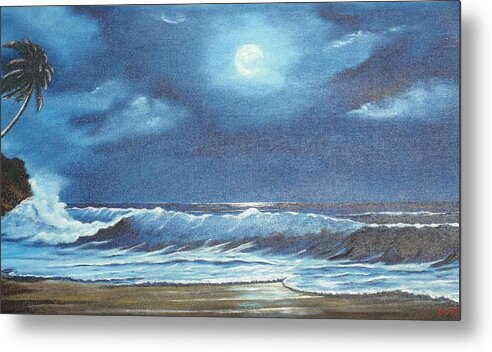 Moon Light Surf Metal Print featuring the painting Moon Light Night In Paradise by Lloyd Dobson