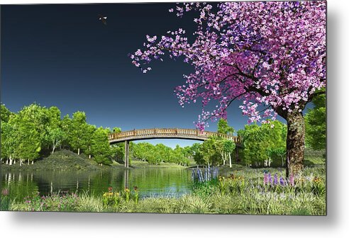 Cherry Tree Metal Print featuring the digital art River Bridge Cherry Tree Blosson by Walter Colvin