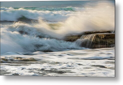 Sea Waves Metal Print featuring the photograph Rocky seashore, wavy ocean and wind waves crashing on the rocks by Michalakis Ppalis