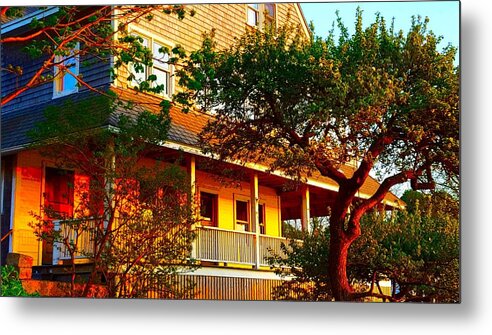 Sunlight On House With Porch Metal Print featuring the photograph Springtime Evening Light by Harriet Harding