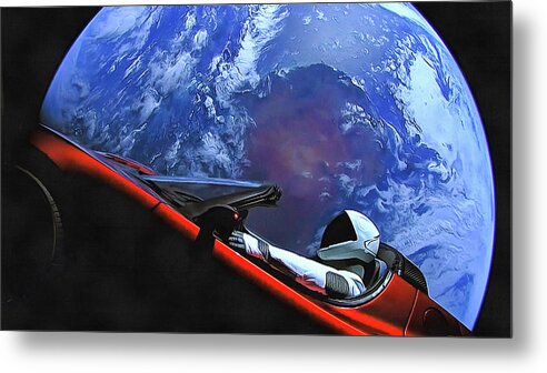 Starman Metal Print featuring the photograph Starman in Tesla with planet earth by SpaceX