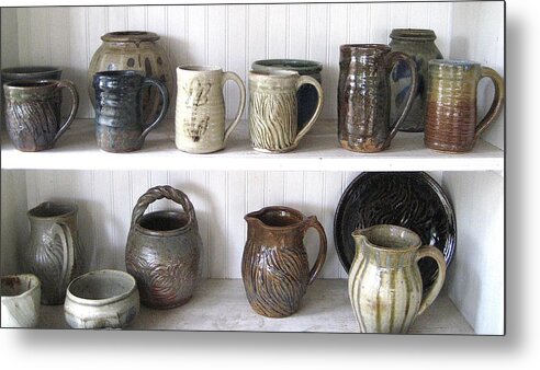 Wheel Thrown Cups Metal Print featuring the ceramic art Stoneware Cups by Stephen Hawks