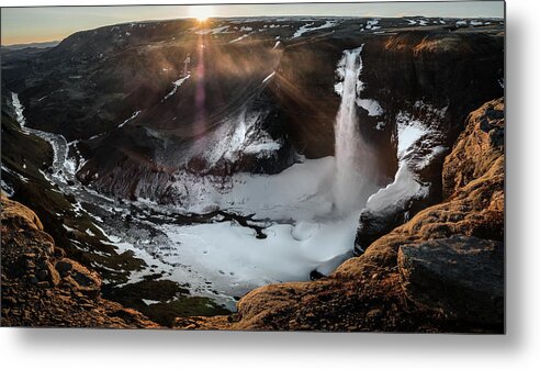 Clouds Metal Print featuring the photograph Sunset at Haifoss waterfall - Iceland - Travel photography by Giuseppe Milo