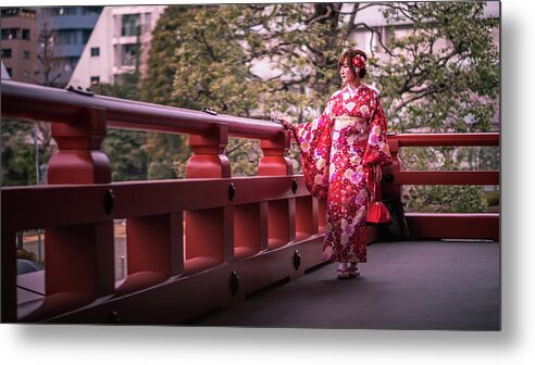 Buddhist Metal Print featuring the photograph The Kimono Girl - Tokyo, Japan - Color street photography by Giuseppe Milo