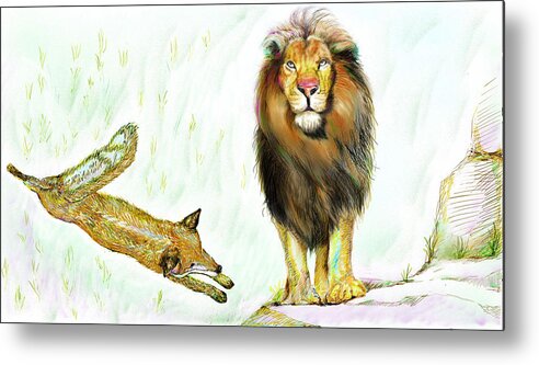 Lion Metal Print featuring the painting The Lion and The Fox 2 - The True FriendShip by Sukalya Chearanantana