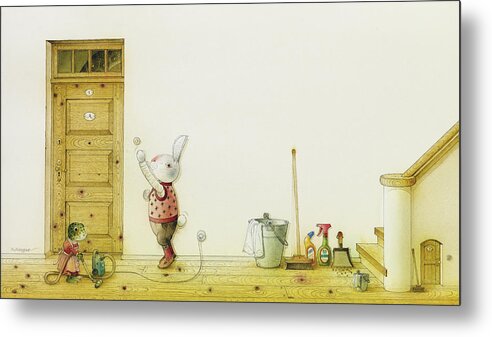 Snake Illustration Drawing Children Rabbit Colorful Metal Print featuring the painting The Neighbor around the Corner01 by Kestutis Kasparavicius