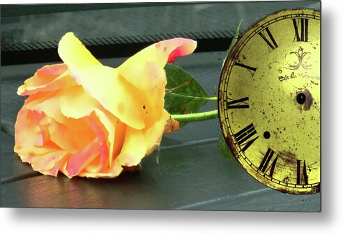 Yellow Rose Metal Print featuring the photograph Time To Give A Rose - Yellow and Pink Rose - Clock Face by Marie Jamieson