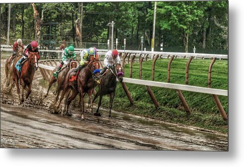 Race Horses Metal Print featuring the photograph Turning the Mud by Jeffrey PERKINS