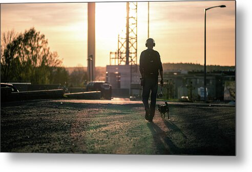 Candid Metal Print featuring the photograph Walking the dog - Turku, Finland - Color street photography by Giuseppe Milo