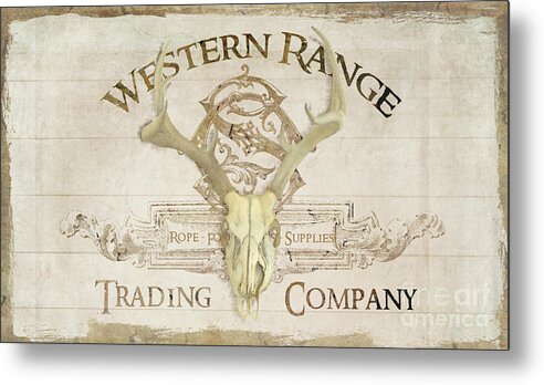 Western Metal Print featuring the painting Western Range 3 Old West Deer Skull Wooden Sign Trading Company by Audrey Jeanne Roberts