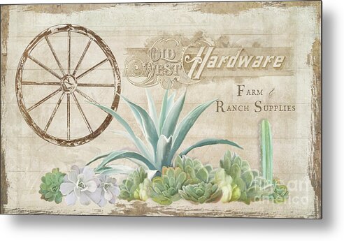 Farm Metal Print featuring the painting Western Range 4 Old West Desert Cactus Farm Ranch Wooden Sign Hardware by Audrey Jeanne Roberts