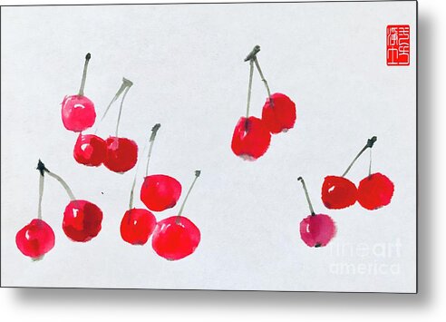 Chinese Brush Painting Of Red Cherries Metal Print featuring the painting Cherries #1 by Lavender Liu