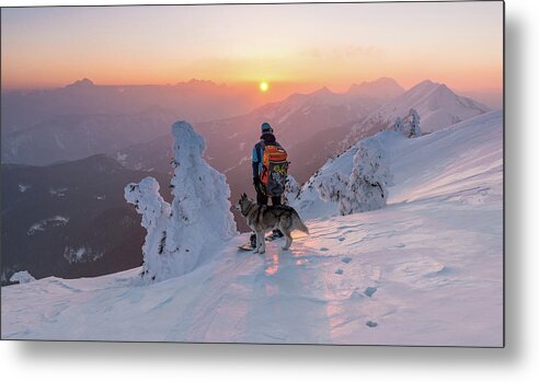 Struska Metal Print featuring the photograph Snowboarder And His Dog #1 by Ales Krivec