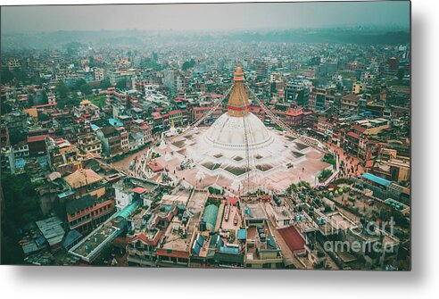 Buddhist Metal Print featuring the photograph Stupa temple Bodhnath Kathmandu, Nepal from air October 12 2018 #1 by Raimond Klavins
