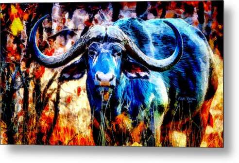 Cape Buffalo Metal Print featuring the painting A big chair does not make a big boss by Sanaa Tendaji