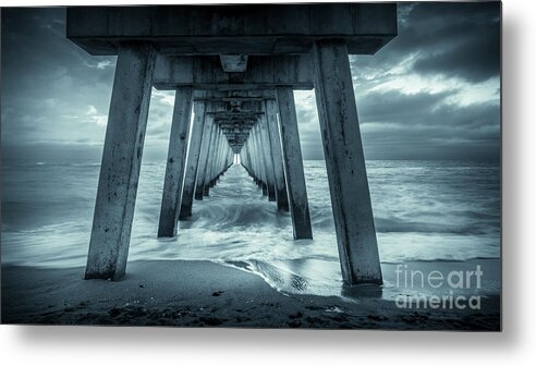 Black And White Metal Print featuring the photograph Blue Sunset at Venice Pier, Florida, Monochrome by Liesl Walsh