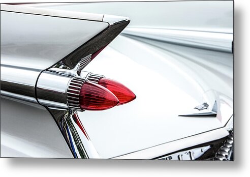 White Cadillac Metal Print featuring the photograph Cadillac tail fins by Ron Roberts