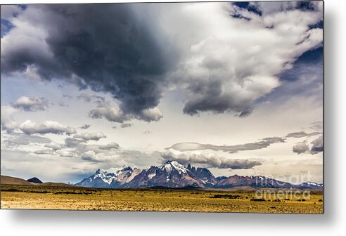 Mountain Metal Print featuring the photograph Clouds over Torres del Paine National Park, Chile by Lyl Dil Creations
