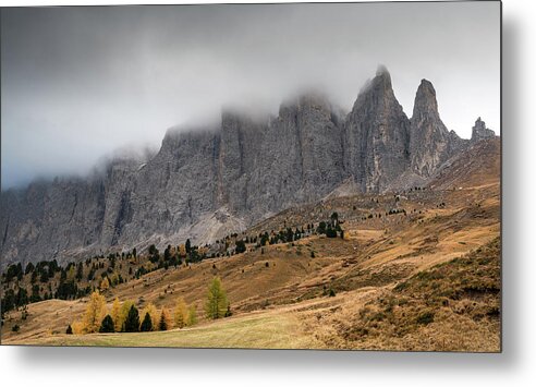 Mood Metal Print featuring the photograph Foggy mountain landscape of the picturesque Dolomites mountains by Michalakis Ppalis