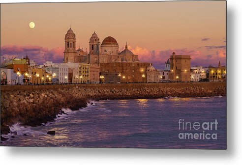 Culture Metal Print featuring the photograph Full Moon Over Cadiz Cathedral from Southern Field Andalusia Spain by Pablo Avanzini