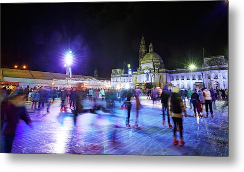 People Metal Print featuring the photograph Ice Rink With Cardiff City Hall by Allan Baxter