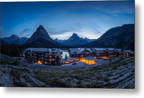 Many Metal Print featuring the photograph Many Glacier Hotel At Twilight by Jenny L. Zhang ( ???