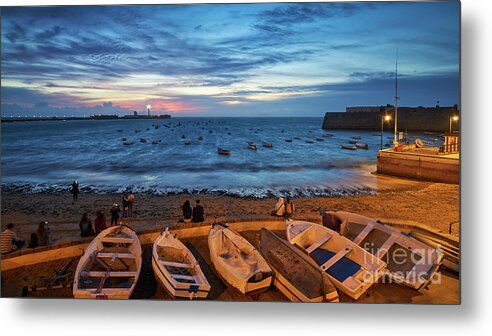 Sea Metal Print featuring the photograph People at Caleta Beach Photographing Sunset Dramatic Sky Cadiz Andalusia Spain by Pablo Avanzini